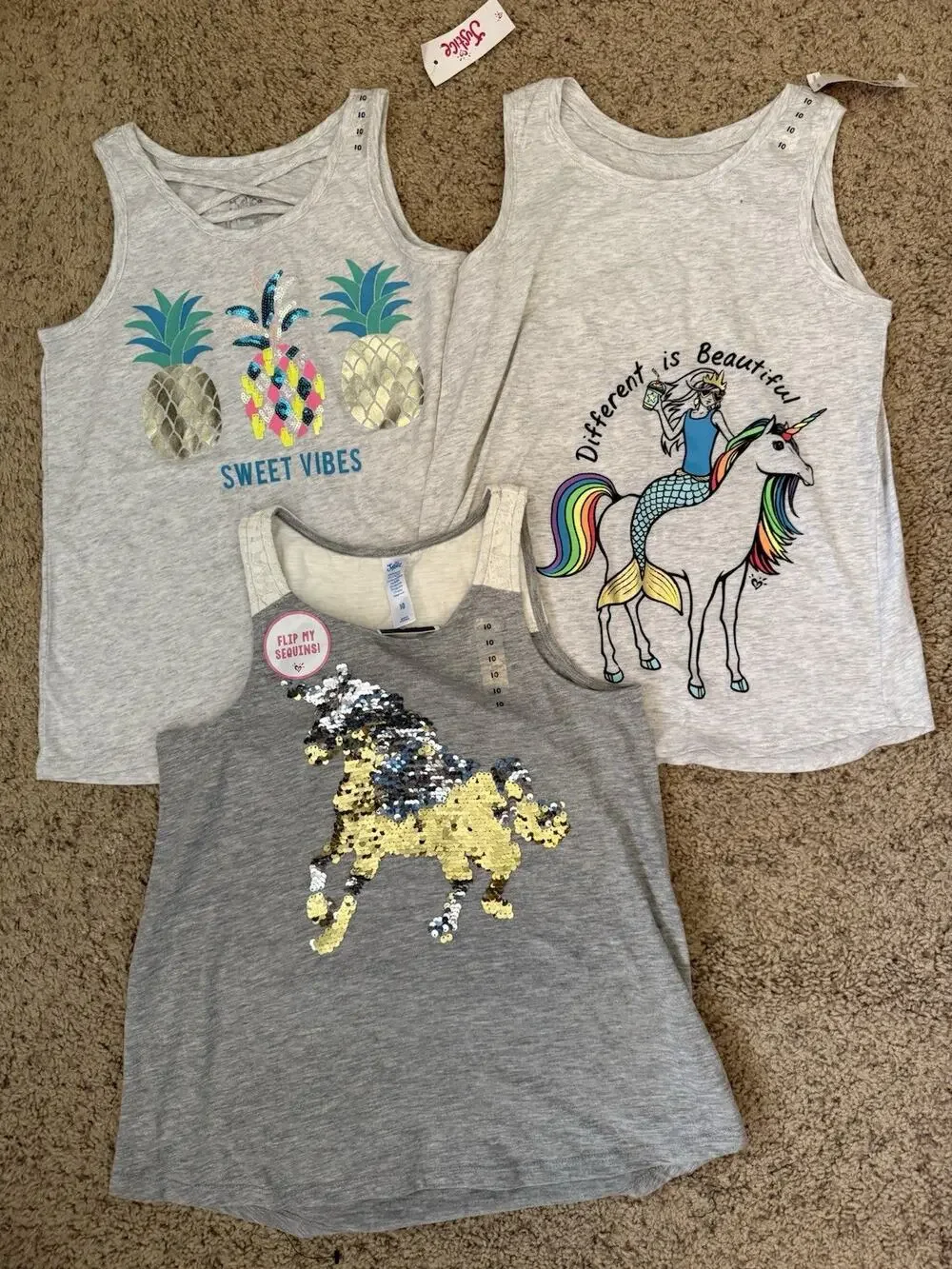 Lot Of 3 Justice Mermaid Unicorn Pineapple Sequin Sleeveless Tank Tops Size 10